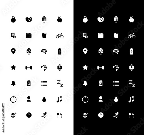 Fitness glyph icons set for night and day mode. Cardio workout schedule. Training goal. Mobile UI element. Silhouette symbols for light, dark theme. Vector isolated illustration bundle