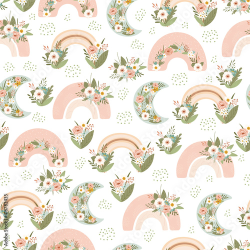 Children s seamless pattern with spring rainbow and flower in pastel colors. Cute texture for kids room design  Wallpaper  textiles  wrapping paper  apparel. Vector illustration