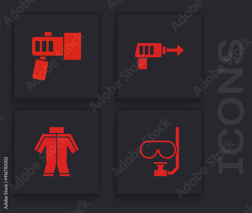 Set Diving mask and snorkel, Flashlight, Fishing harpoon and Wetsuit icon. Vector.