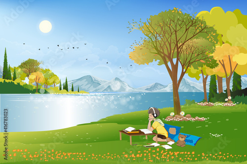 Kid wearing headphones listening to music while doing school homework.Vector illustration cartoon Child boy sitting in green field by the lake in sunny day on spring or summer,World book day