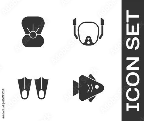 Set Fish, Shell with pearl, Rubber flippers and Diving mask icon. Vector.