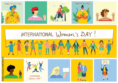 International women's day.Diverse international and interracial group of standing women. For girls power concept, feminine and feminism ideas. Vector illustration.