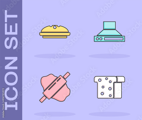 Set Bread toast, Homemade pie, Rolling pin on dough and Kitchen extractor fan icon. Vector.