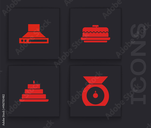 Set Scales, Kitchen extractor fan, Cake and with burning candles icon. Vector.