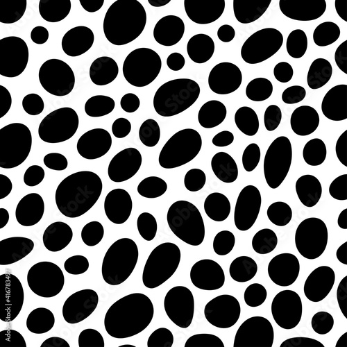 Black round spots isolated on white background. Art. Spotted monochrome seamless pattern with polka dots. Vector flat graphic illustration. Texture.