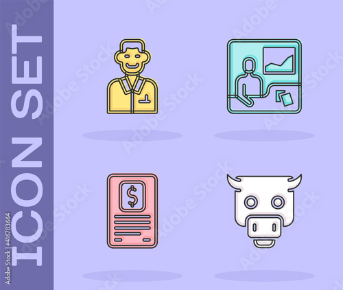 Set Bull market, Trader, Business finance report and Trading courses icon. Vector.