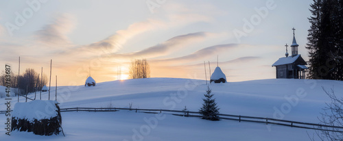a haystack at dawn. Arkhangelsk region. Russia