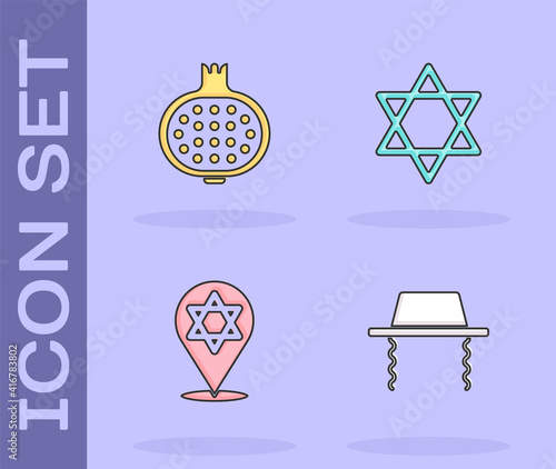 Set Orthodox jewish hat, Pomegranate, Star of David and icon. Vector.