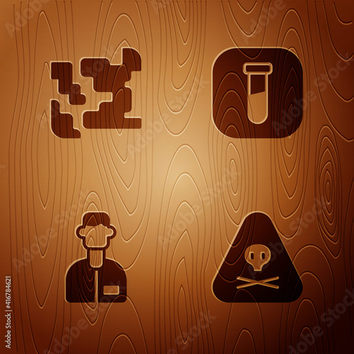 Set Triangle warning toxic, Gaseous, Laboratory assistant and Test tube and flask on wooden background. Vector.