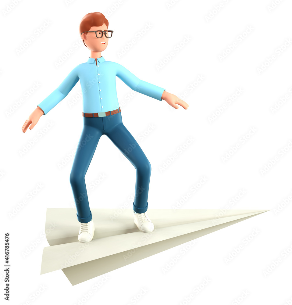 3D illustration of smiling creative man flying on a huge paper airplane. Cute cartoon businessman reaching goals, isolated on white.