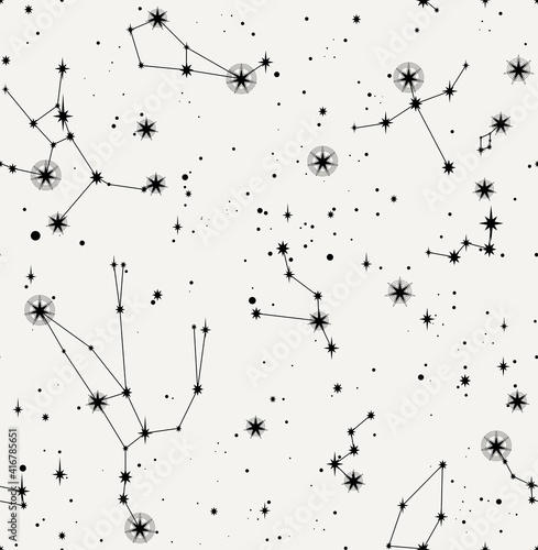 star constellation zodiac endless black white seamless vector pattern