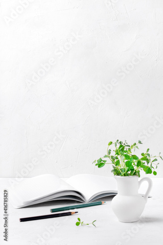 Open notebook, pencils, green pea plant in a jug on the white desk. Study interior. Copy space