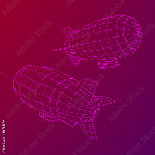 Airship dirigible airway travel transport. Air ship with gondola cabin. Wireframe low poly mesh vector illustration.