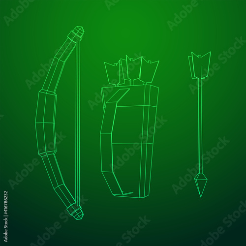 Medieval Bow and arrow archer weapon. Wireframe low poly mesh vector illustration.