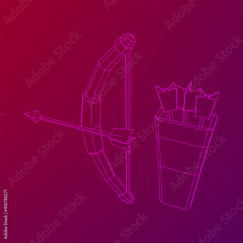 Medieval Bow and arrow archer weapon. Wireframe low poly mesh vector illustration.
