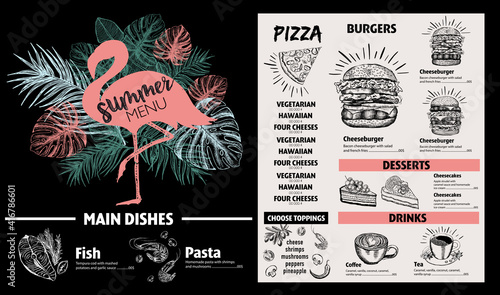 Summer menu. Restaurant food menu design, hand drawn illustrations, vector food flyer.	