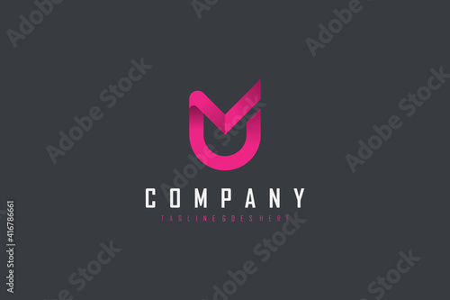 Abstract Initial Letter M and U Linked Logo. Pink Geometric Shape Origami Style isolated on Black Background. Usable for Business and Branding Logos. Flat Vector Logo Design Template Element. photo