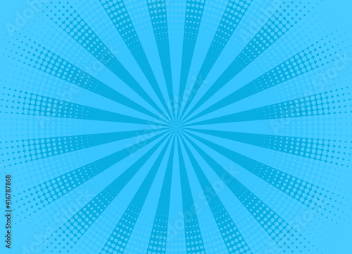 Pop art halftone background. Comic starburst pattern. Blue cartoon banner with dots and rays. Vintage duotone texture. Vector illustration. Gradient wow design. Superhero starburst banner.