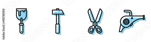 Set line Scissors, Putty knife, Hammer and Leaf garden blower icon. Vector.