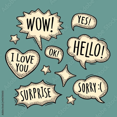 Set speech and thought bubbles. Vintage vector engraving