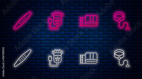 Set line Hair clipper pet, Towel stack, Nail file and Retractable cord leash. Glowing neon icon on brick wall. Vector.
