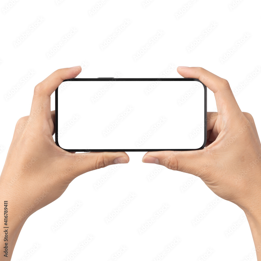 Man hand holding the black smartphone with blank screen isolated on white background with clipping path, Can use mock-up for your application or website design project. Man hand holding the black smartphone with blank screen isolated on white background with clipping path, Can use mock-up for your application or website design project.