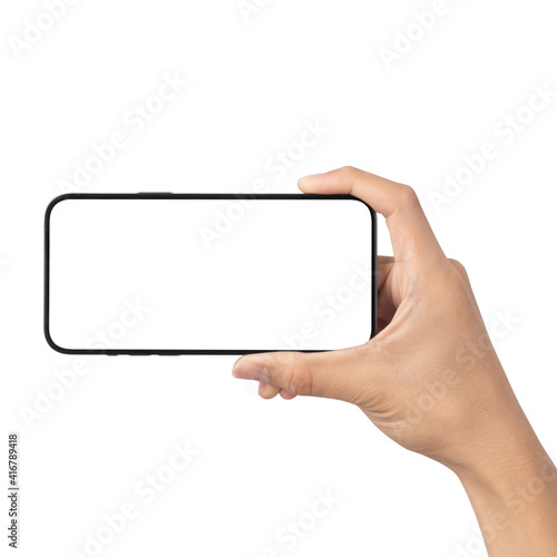 Man hand holding the black smartphone with blank screen isolated on white background with clipping path, Can use mock-up for your application or website design project.