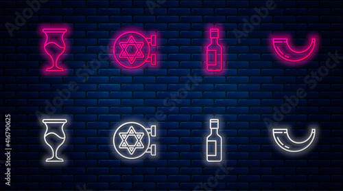 Set line Jewish synagogue, wine bottle, goblet and Traditional ram horn, shofar. Glowing neon icon on brick wall. Vector.