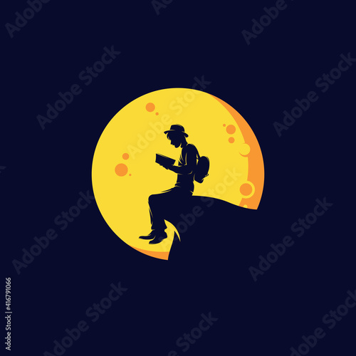 Children read book dreams on moon logo designs