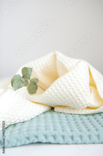 white and green towels, a branch of eucalyptus. skin care, home spa