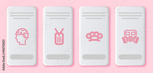 Set line Army soldier, Military dog tag, Brass knuckles and Gas mask. White rectangle button. Vector.