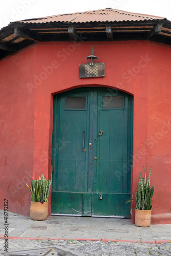 wall red of clean colonial house, with wooden door green - for facade mockup (ID: 416792827)