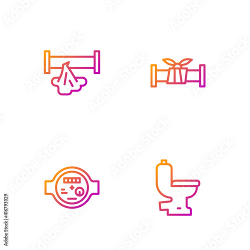 Set line Toilet bowl, Water meter, Broken pipe and Industry metallic. Gradient color icons. Vector.