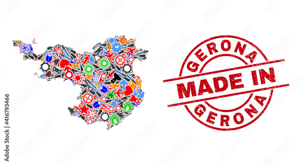 Production Gerona Province map mosaic and MADE IN textured rubber stamp. Gerona Province map abstraction composed from wrenches, gearwheels, screwdrivers, items, cars, electric sparks, helmets. Production Gerona Province map mosaic and MADE IN textured rubber stamp. Gerona Province map abstraction composed from wrenches, gearwheels, screwdrivers, items, cars, electric sparks, helmets.