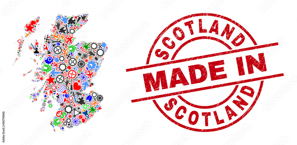 Technical mosaic Scotland map and MADE IN textured rubber stamp. Scotland map collage created with wrenches, cogs, tools, aviation symbols, transports, electric strikes, rockets. Technical mosaic Scotland map and MADE IN textured rubber stamp. Scotland map collage created with wrenches, cogs, tools, aviation symbols, transports, electric strikes, rockets.