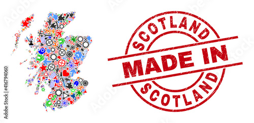 Technical mosaic Scotland map and MADE IN textured rubber stamp. Scotland map collage created with wrenches, cogs, tools, aviation symbols, transports, electric strikes, rockets.