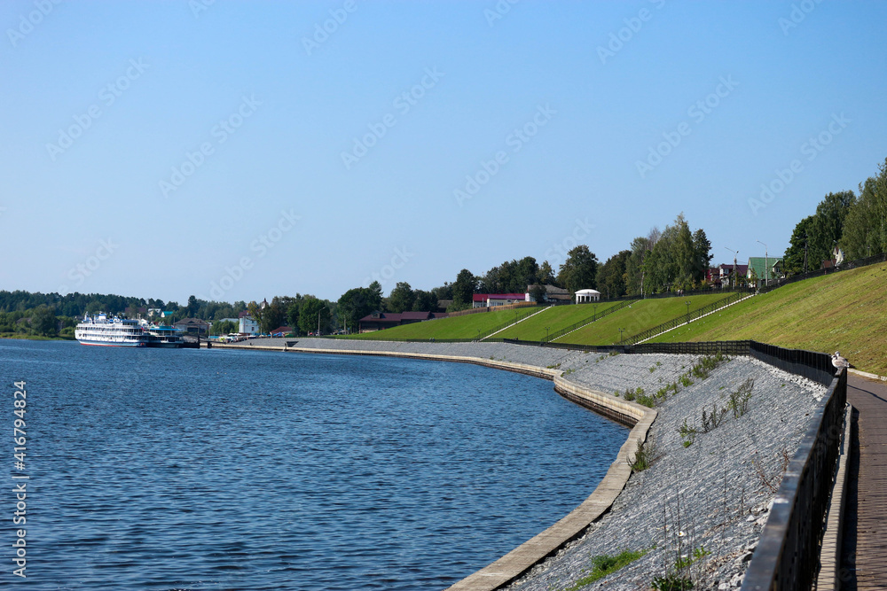 embankment of Volga river in small russian town Myshkin