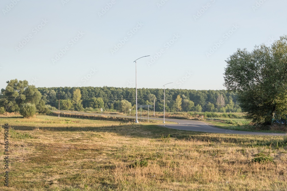 Summer rural morning landscape with road and forest view