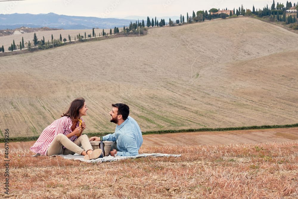 A young couple enjoys a picnic on a large meadow. Love, relationship, picnic, together