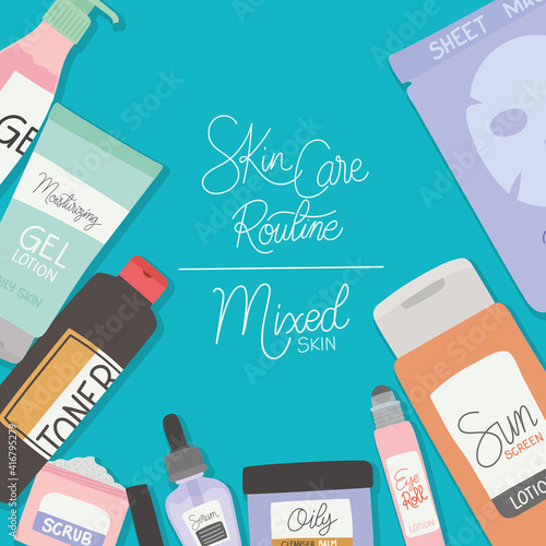 skin care rutine and mixed skin lettering on a light blue