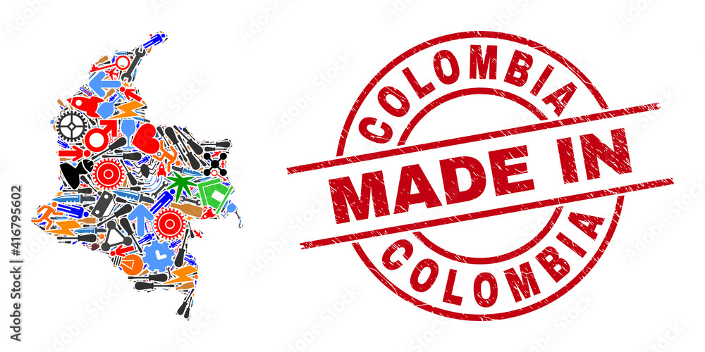 Technical Colombia map mosaic and MADE IN scratched stamp. Colombia map collage designed from spanners, gear wheels, instruments, aviation symbols, cars, electricity bolts, details. Technical Colombia map mosaic and MADE IN scratched stamp. Colombia map collage designed from spanners, gear wheels, instruments, aviation symbols, cars, electricity bolts, details.