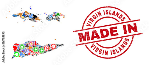 Component American Virgin Islands map mosaic and MADE IN grunge stamp seal. American Virgin Islands map composition designed with spanners, cogs, tools, elements, transports, electricity sparks,