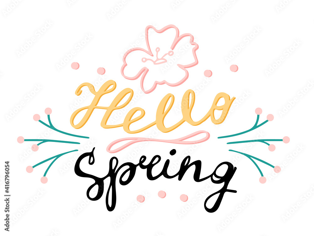 Handmade lettering on the theme of the coming of spring. Hello Spring! Color vector image with decorative elements 