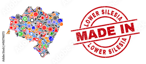 Service Lower Silesia Province map mosaic and MADE IN distress rubber stamp. Lower Silesia Province map abstraction created with spanners, wheels, screwdrivers, aircrafts, transports, power bolts,