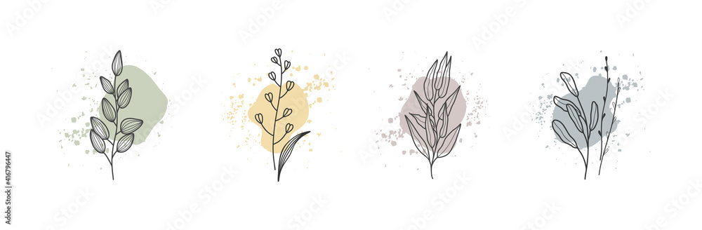 Collection of minimalistic floral botanical elements on abstract shapes background. Abstract modern trendy vector illustration. - obrazy, fototapety, plakaty 