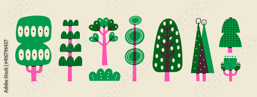 Hand drawn various green and purple Trees. Abstract different shapes. Trendy Vector illustration. Cartoon style. Various textures. All elements are isolated 