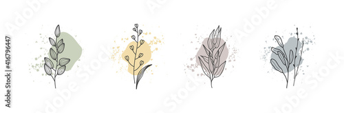 Collection of minimalistic floral botanical elements on abstract shapes background. Abstract modern trendy vector illustration.