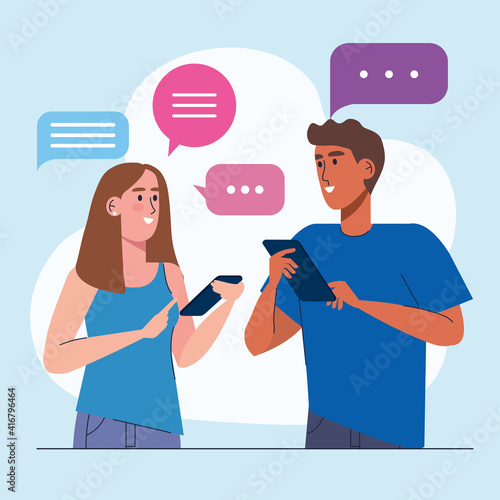 interracial couple using smartphones technology vector illustration design