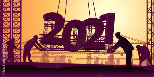 Workers on the roof mount a three-dimensional sign 2021