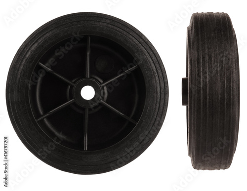 Black plastic wheel with tire isolated on white background
